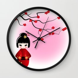 Japanese kokeshi doll at sakura blossoms Wall Clock | Japanese, Illustration, Cute, Comic, Cartoon, Pink, Drawing, Japan, Sakura, Kawaii 