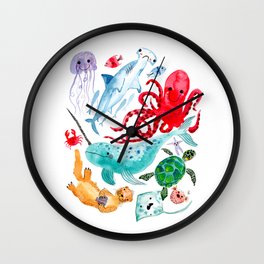 Ocean Creatures - Sea Animals Characters - Watercolor Wall Clock | Gift, Pattern, Sea, Beach, Octopus, Crab, Jellyfish, Painting, Ocean, Shark 