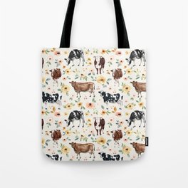 Cows with Pink and Yellow Flowers on Cream, Cow Illustration, Floral Tote Bag