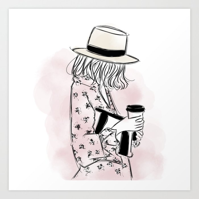 Casual Young Girl Wearing Hat And Floral Dress Clutch Bag And A Cup Of Coffee Ready To Hustle Art Print By Fionangg Society6