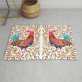 Le Coq – Watercolor Rooster with Sepia Leaves Rug | Curated, Chickens, Farmhouse, Animal, Birds, Farms, Barnanimals, Painting, Leaves, Barns 