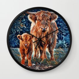 Cider & Mom: The Highland Coos Wall Clock | Scottish, Painting, Digital, Baby, Cows, Blue, Forest, Impressionism, Coos, Calf 