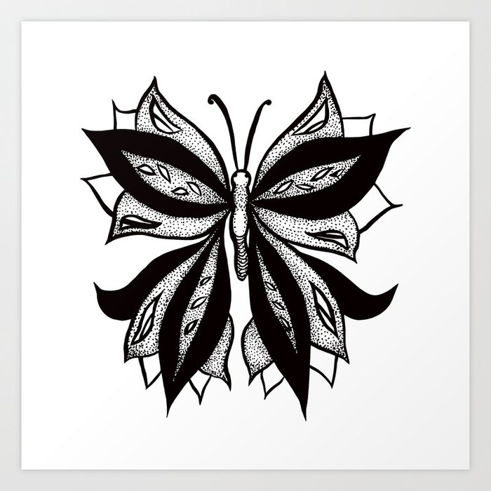 Abstract Butterfly Stipple Shaded Ink Drawing Art Print By