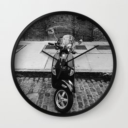 Brooklyn Ride II Wall Clock | Black and White, Newyorkcity, Dumbo, Monochrome, Digital, Brick, Bike, Architecture, Photo, Motorcycle 