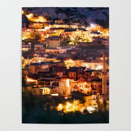 Beautiful view Goreme at night. Famous center of balloon fligths. Cappadocia, Turkey Poster