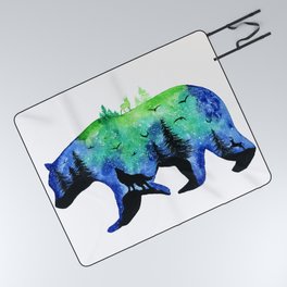 Galaxy and Forest Bear Silhouette Picnic Blanket