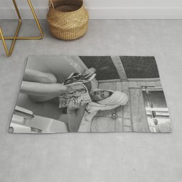 Bath in Milan, Italy, Cold Water Flat, female nude reading black and white art photography- photograph - photographs wall decor Rug