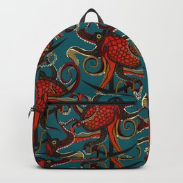 octopus ink teal Backpack | Anchor, Sharonturner, Animalpattern, Blue, Octopi, Red, Illustration, Water, Nautical, Pattern 