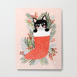 Cat on a sock. Holiday. Christmas Metal Print | Meowy, Kitty, Nursery, Christmas, Socking, Catlady, Joy, Curated, Cats, Digital 