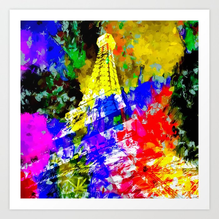 Eiffel Tower France At Night With Colorful Painting Abstract