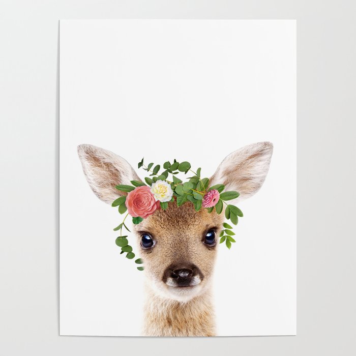 Baby Deer with Flower Crown, Baby Girl, Pink Nursery, Baby Animals Art  Print by Synplus Poster by synplus | Society6