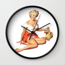 Sexy Blonde Pin Up With Dog with red and white dress Wall Clock | America, Retro, Cute, White, Whiterose, Heart, Yellowshoes, Collant, Girl, Purple 