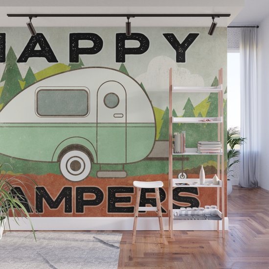 Happy Camper RV Camper Trailer Campground Wall Mural by GrumpyBuffalo