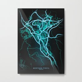 Merthyr Tydfil, Wales, Blue, White, Neon, Glow, City, Map Metal Print | Blue, Glow, Graphicdesign, Neon, Merthyrtydfil, Map, City, Wales, White 