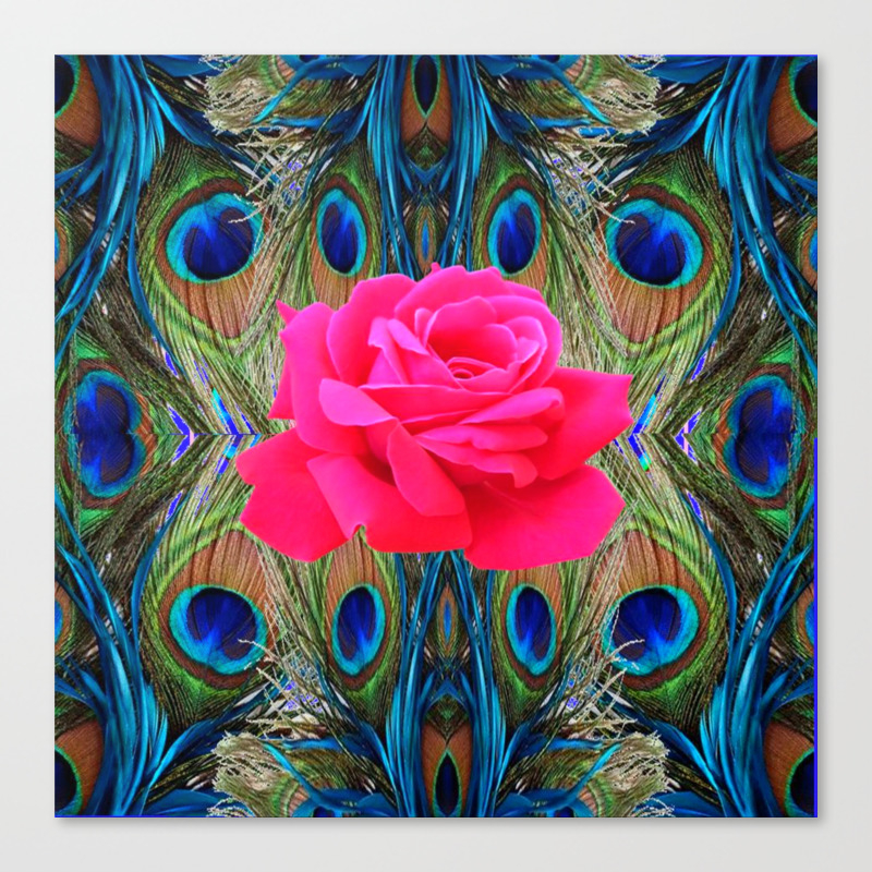 Fuchsia Pink Rose Blue Peacock Feathers Art Abstract Canvas