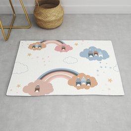 Seamless kids pattern with cloud, stars, houses and rainbows Rug