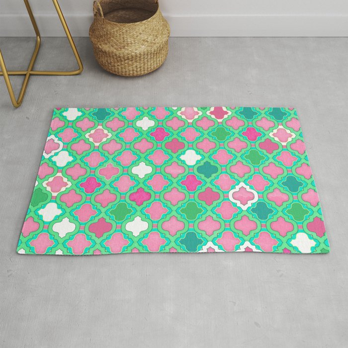 Girly Moroccan Lattice Pattern in Pink, Mint, Emerald Green & White Rug ...