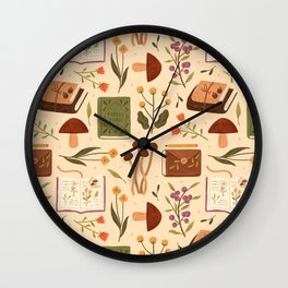 Bookish Forest Wall Clock | Woodland, Botanical, Pattern, Drawing, Nature, Books, Forest, Flowers, Plants, Mushrooms 