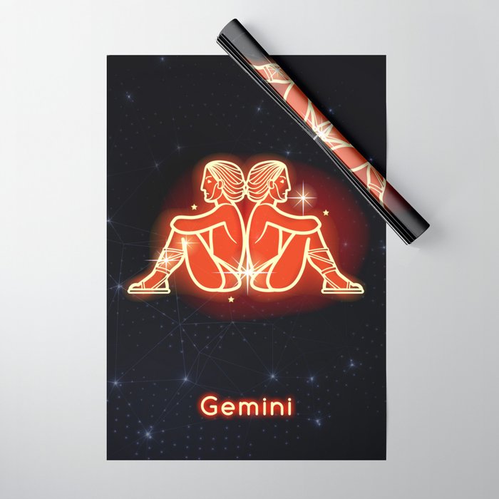 Zodiac red neon — Gemini Wrapping Paper by Synthwave1950 Alex Airlino