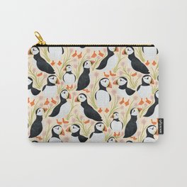 Floral Puffins Carry-All Pouch | Puffins, Sea Birds, Floral, Pattern, Bird, Wildlife, Coastal, Flowers, Birds, Puffin 