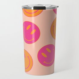 Groovy Pink and Orange Smiley Face - Retro Aesthetic  Travel Mug | Smile, Abstract, Emoji, 80S, Modern, 8X10, Emoticon, Cool, Bright, Collage 