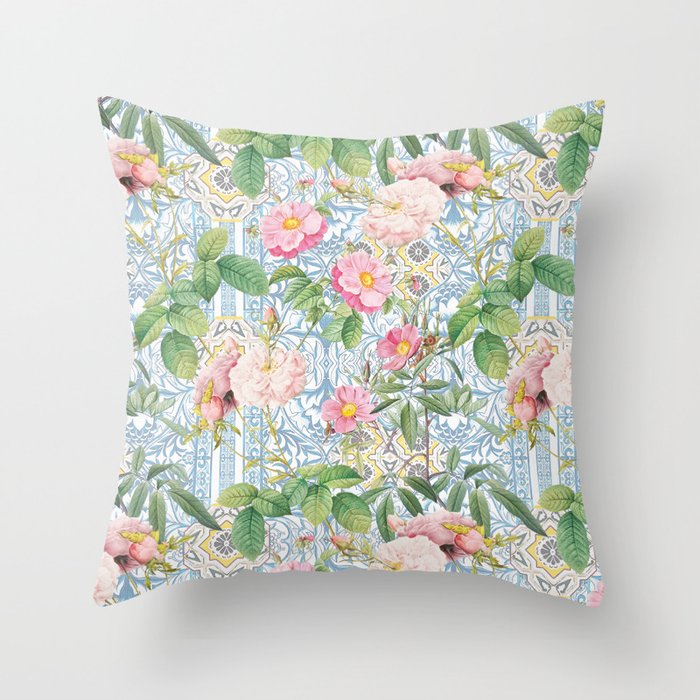 Mediterranean Vintage Summer Blue Tiles And Roses Blossoms Throw Pillow