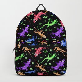 Geckomania (Black) Backpack | Red, Pattern, Purple, Illustration, Orange, Blue, Art, Green, Lizard, Geckomania 