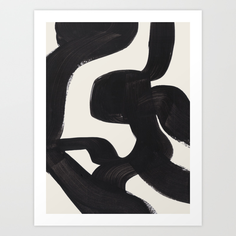 Mid Century Modern Minimalist Abstract Art Brush Strokes Black