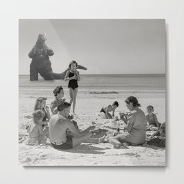 Godzilla Visits Florida White Sands Beach 1940 Metal Print | Family, Beach, Digital, Picnic, Graphicdesign, Pop Art, Godzilla, Acrylic, Ocean, Black And White 