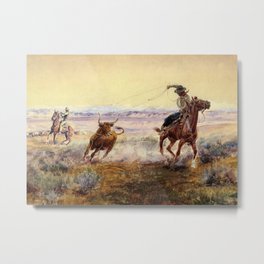 “On the Pond” by Charles M Russell Metal Print | Painting, Lasso, Steer, Capture, Escape, Longhorn 