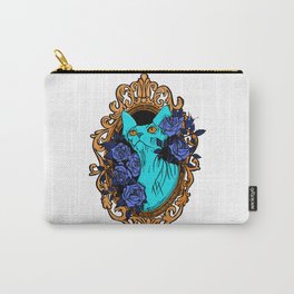 Neon Blue Hairless Sphynx Cat with Mystique Blue Roses and Golden Frame - Pet Portrait Line Tattoo Carry-All Pouch | Pastel, Sphynxcat, 90S, Catlover, Alien, Drawing, Wrinkly, Gothic, Animal, Nude 