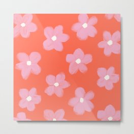 Tropical Pink Flowers on Peachy Coral Color Metal Print | Pattern, Retro, Graphicdesign, Daisy, Botanical, 70S, Peachy, Cute, 1970S, Coral 