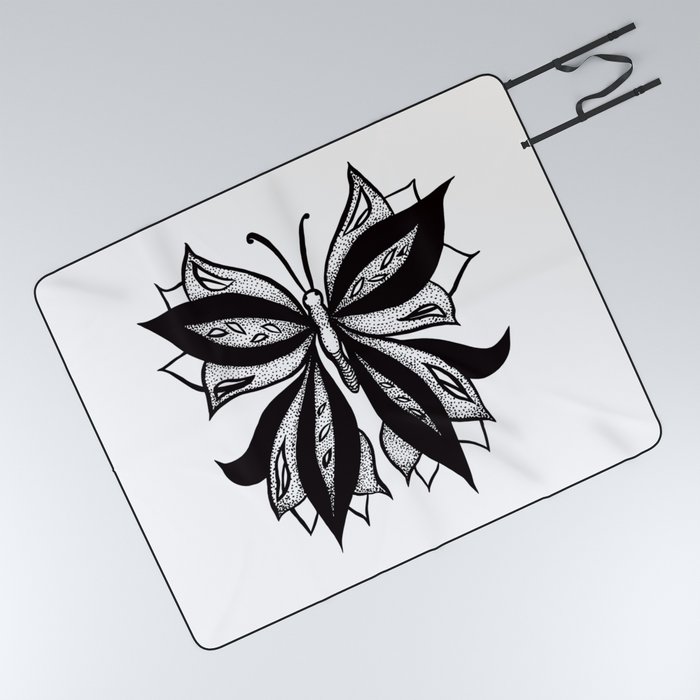 Abstract Butterfly Stipple Shaded Ink Drawing Picnic Blanket By