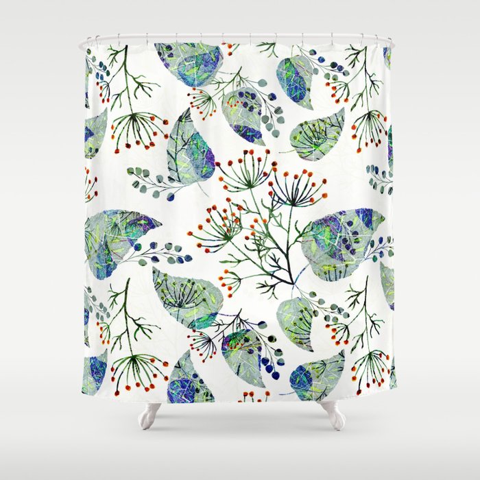 Abstract Floral Pattern Orange Flowers Blue Green Leaves On White
