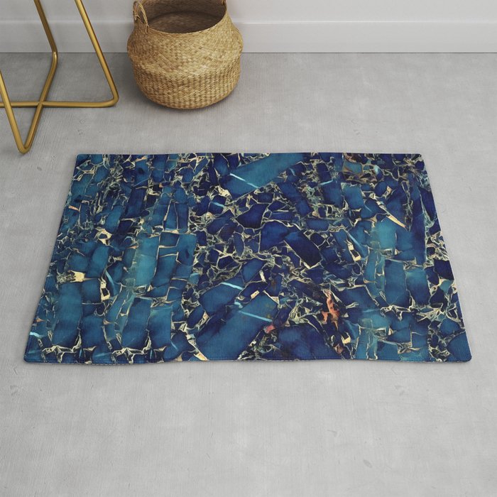 Dark Blue Stone Marble Abstract Texture With Gold Streaks Rug By