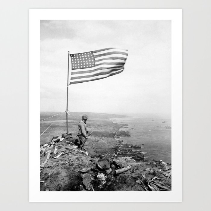American Flag Flying Over Mount Suribachi Wwii Art Print By