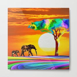 African Elephant with Baby Metal Print | Painting, Acacia, Africa, Africanelephant, Africananimals, Elephant, Animal, Elephantfamily, Sunset, Mammal 