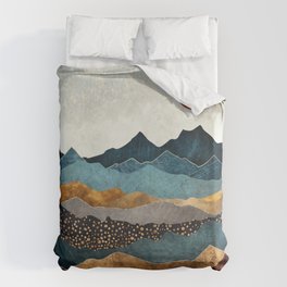 Amber Dusk Bettbezug | Watercolor, Mountains, Bronze, Black, Abstract, Nature, Blue, Dream, Red, Silver 