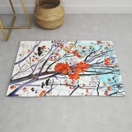 rowan tree in winter Rug | Branch, Impressionism, Ink, Nature, Red, Park, Illustration, Realism, Sky, Botany 