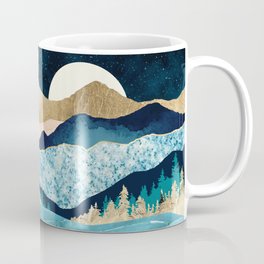 Midnight Ocean Coffee Mug | Mountains, Trees, Forest, Blue, Midnight, Gold, Digital, Nature, Pink, Landscape 