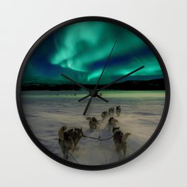 Winter Northern Lights Dog Sled (Color) Wall Clock | Snowy, Holiyay, Snow, Sunset, Northernlights, Winter, Huskies, Holiday, Husky, Dog 