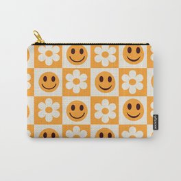 Orange and white checkered flowers and smiley faces pattern  Carry-All Pouch | Retro, Summer, Checkered Squares, Cheerful, Checkers, Preppy, Graphicdesign, Spring, Smiley Face, Flower Pattern 