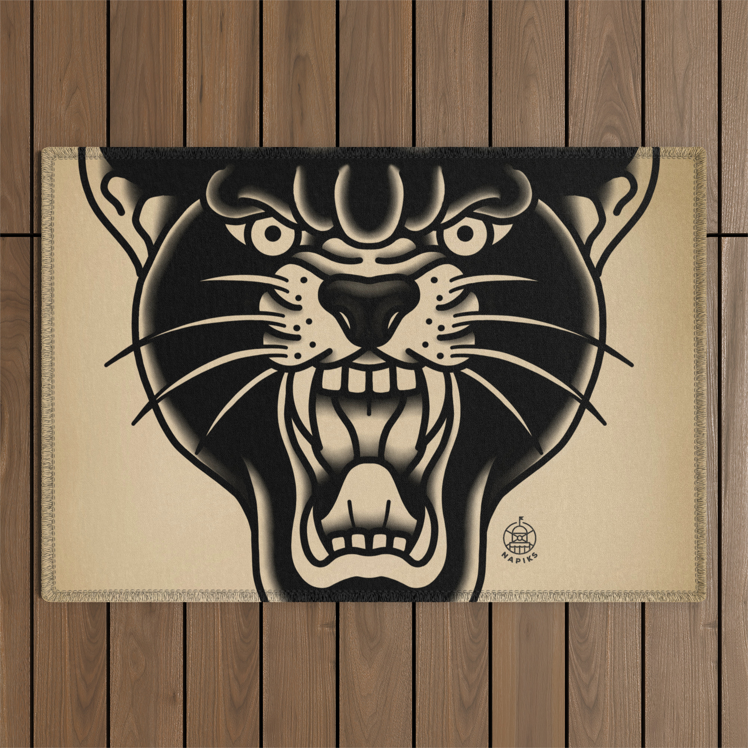 Traditional Tattoo Panther - BW Outdoor Rug by napiks | Society6