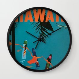 Surfing Hawaii - Jet Clippers to Hawaii Vintage Travel Poster Wall Clock | Poster, Advertisement, Palmtrees, Travel, Ocean, Pacific, Oahu, Vintage, Graphicdesign, Honolulu 