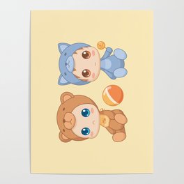 Babies in Cat and Bear Jumpsuits Poster