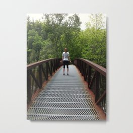 Girl on a bridge hiking Metal Print | Metalbridge, Wanderlust, Bridgephotography, Forest, Environment, Girl, Hikingwoman, Nature, Bridge, Hike 