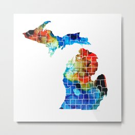 Michigan State Map - Counties by Sharon Cummings Metal Print | Pistons, Upperpeninsula, Gift, Michiganstatemap, Michiganmap, Colorfulmaps, Mi, Greatlakes, Wallmaps, Maps 