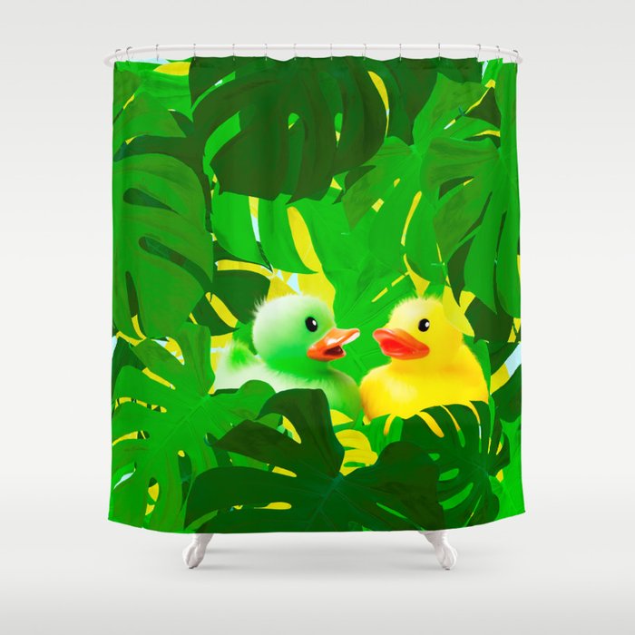 Small Rubber Ducks with Large Monstera Leaves #decor #society6 #buyart Shower Curtain