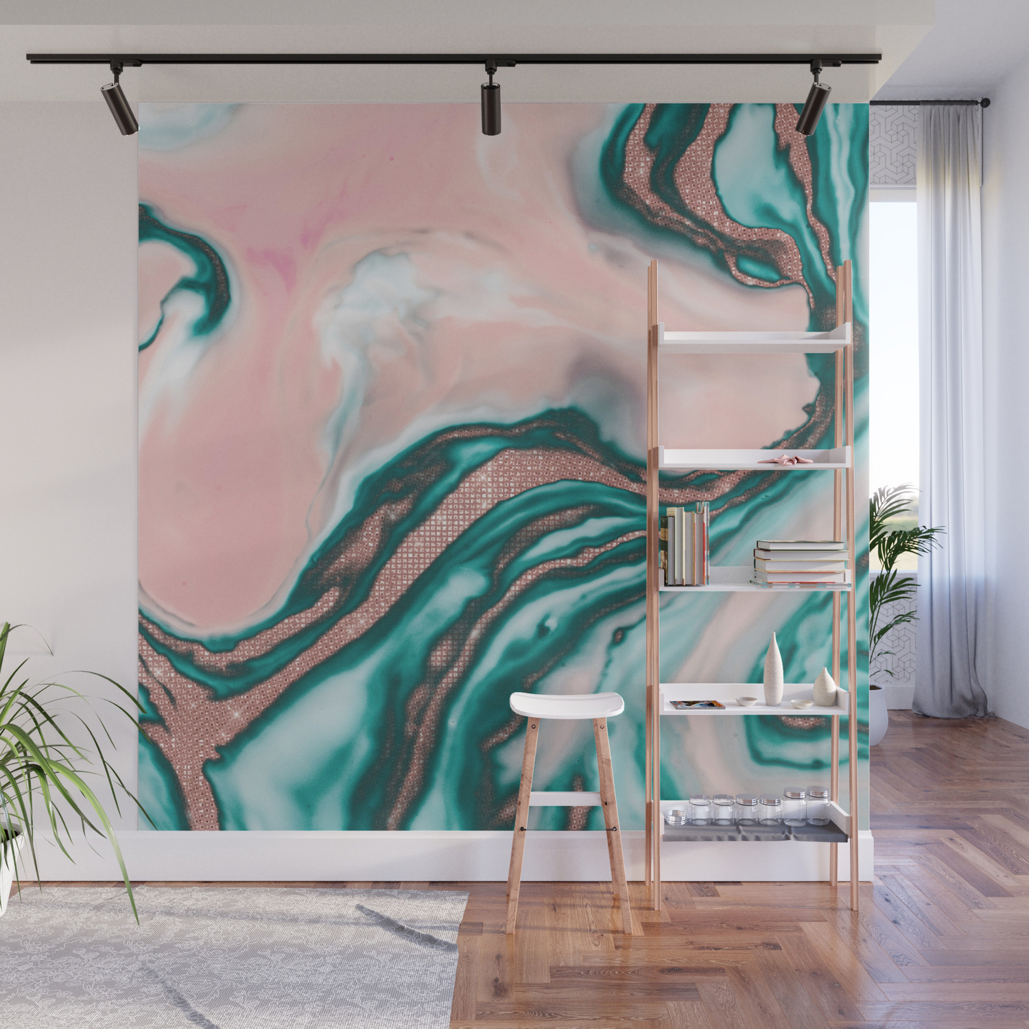 Rose Gold Glitter Pink Teal Swirly Painted Marble Wall Mural By
