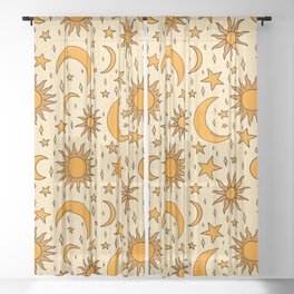 Vintage Sun and Star Print Sheer Curtain